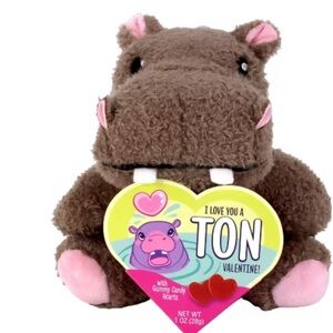 Frankford Baby Pygmy Hippo Plush with Gummy Hearts Valentine Candy - 1oz